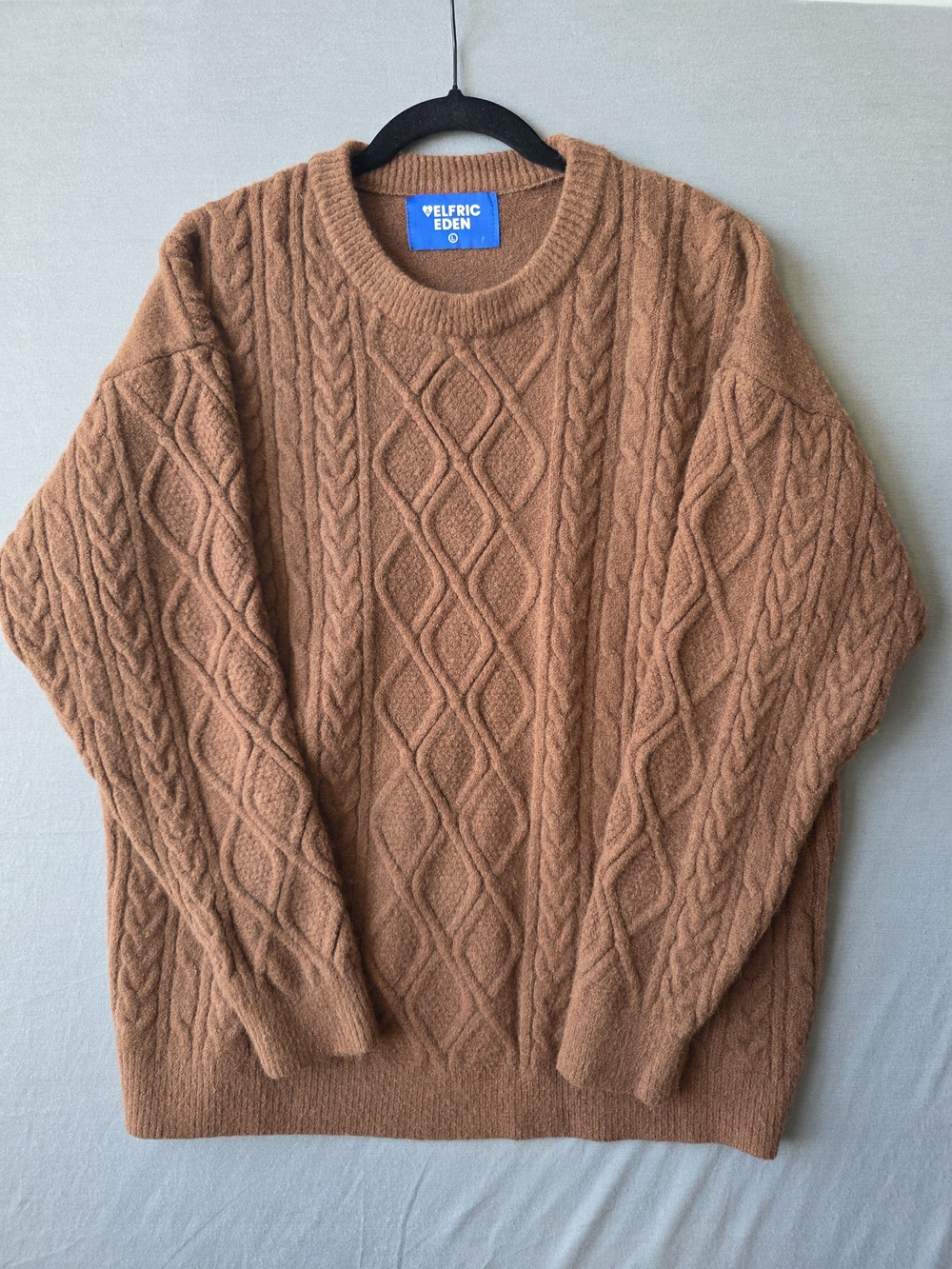 Elfric Eden Cable Knit Sweater Men’s L Camel Brown Oversized Preppy Y2K.